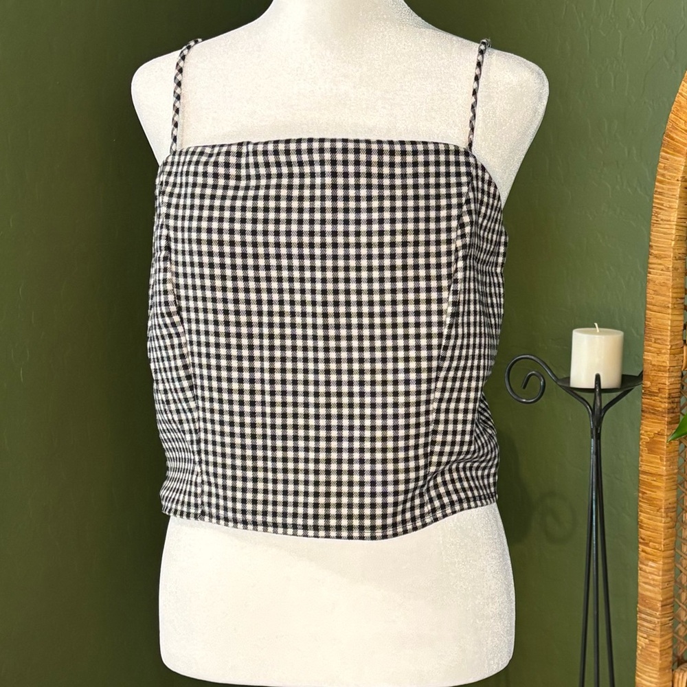 LunaChix Checkered Gingham Black and White Crop Zip Up Adjustable Tank Top